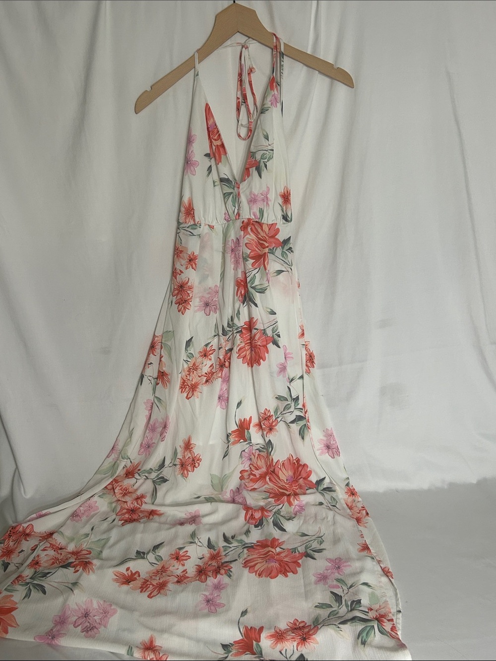Simplee Apparel White Halter Maxi Dress with Coral and Pink Floral Print